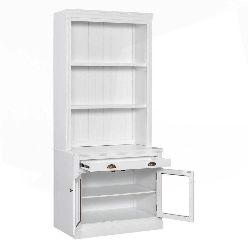 Tall White Bookcase with LED Lighting Glass Doors Drawer and Open Shelves