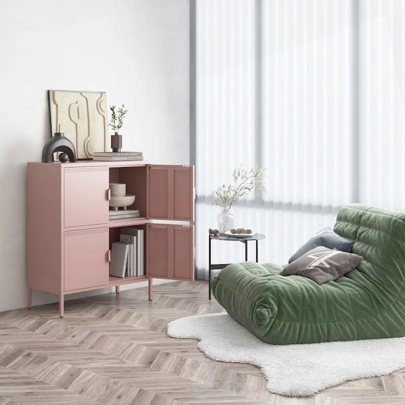 Pink 4-Door Metal Storage Cabinet with Ventilated Design for Home Office