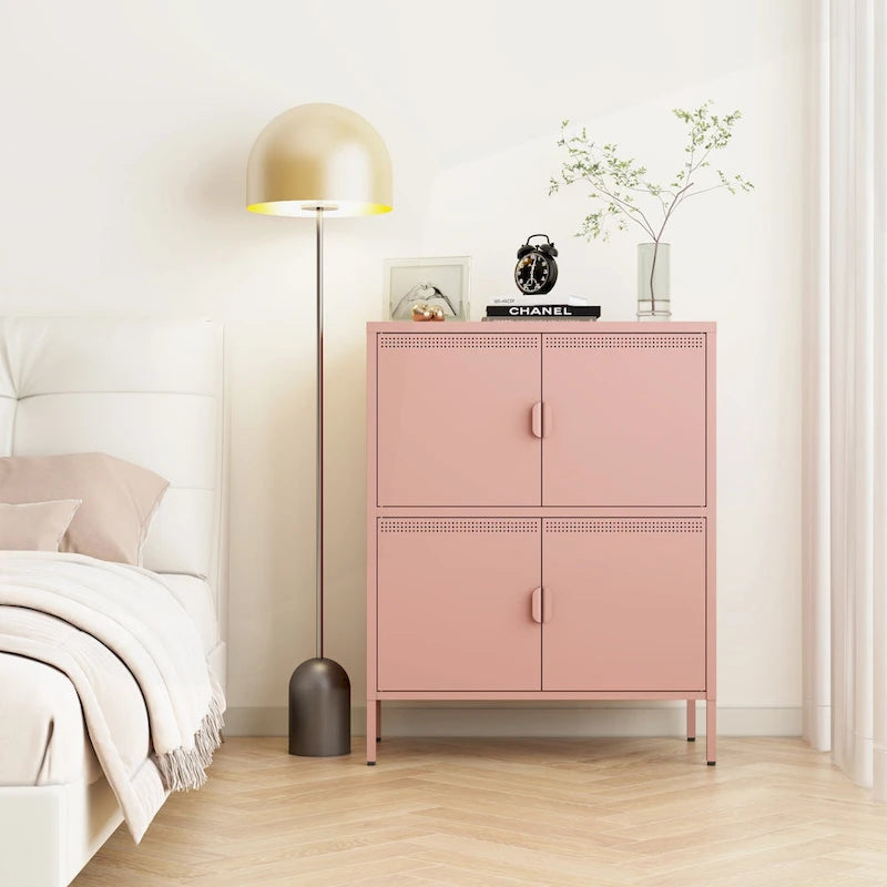 Pink 4-Door Metal Storage Cabinet with Ventilated Design for Home Office