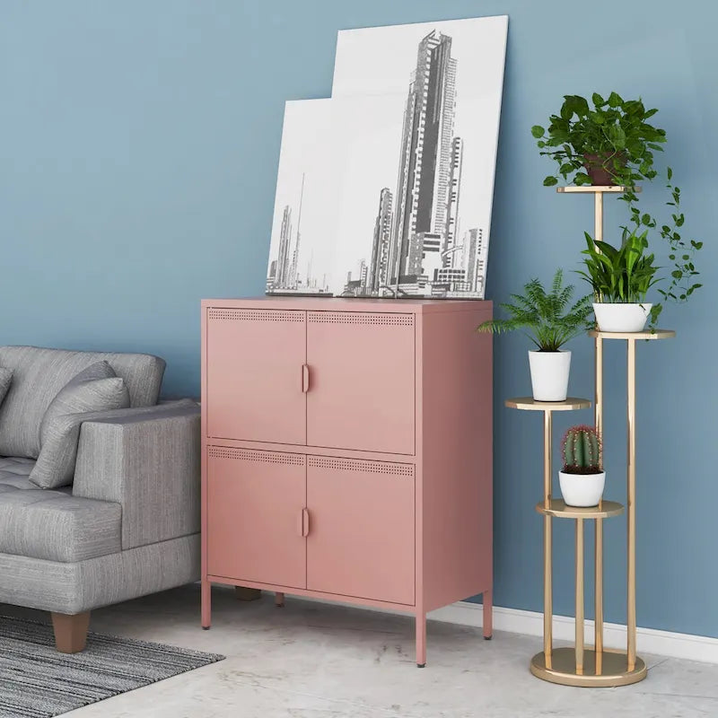 Pink 4-Door Metal Storage Cabinet with Ventilated Design for Home Office