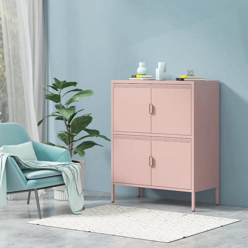 Pink 4-Door Metal Storage Cabinet with Ventilated Design for Home Office