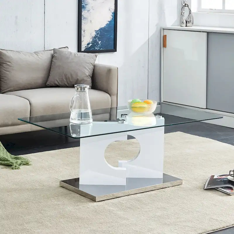 Rectangular Glass Top Coffee Table with Sculptural Wood Base