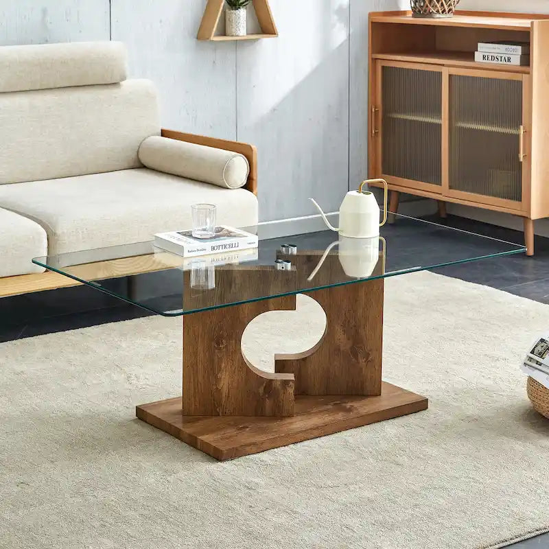 Rectangular Glass Top Coffee Table with Sculptural Wood Base