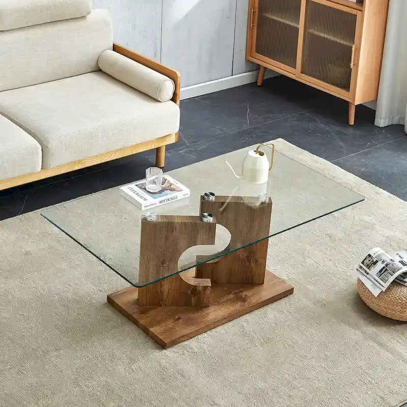 Rectangular Glass Top Coffee Table with Sculptural Wood Base