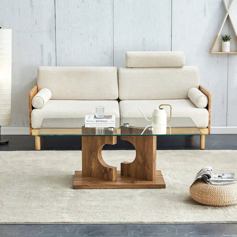 Rectangular Glass Top Coffee Table with Sculptural Wood Base