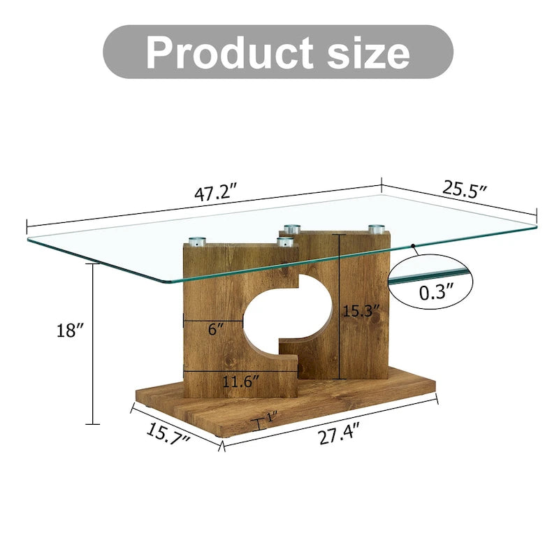 Rectangular Glass Top Coffee Table with Sculptural Wood Base