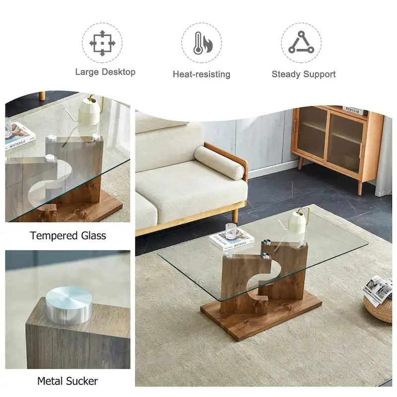 Rectangular Glass Top Coffee Table with Sculptural Wood Base