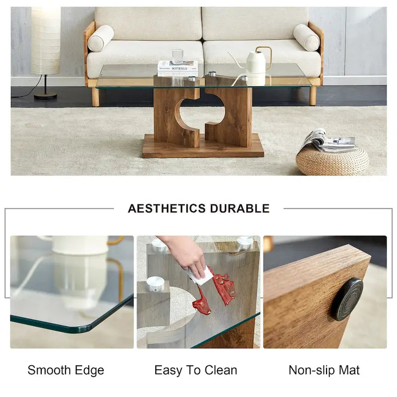 Rectangular Glass Top Coffee Table with Sculptural Wood Base