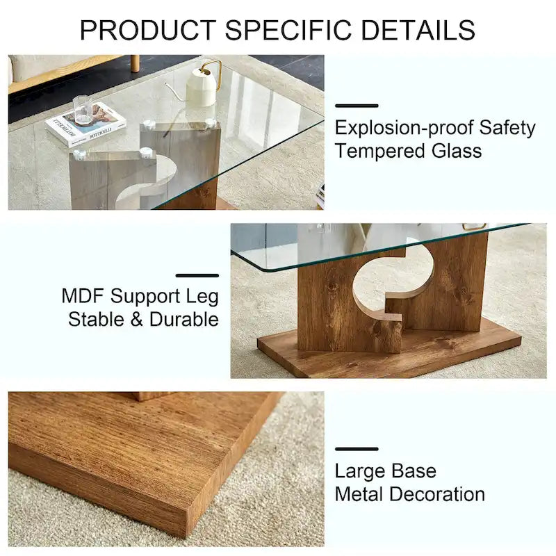 Rectangular Glass Top Coffee Table with Sculptural Wood Base