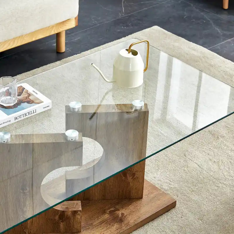 Rectangular Glass Top Coffee Table with Sculptural Wood Base