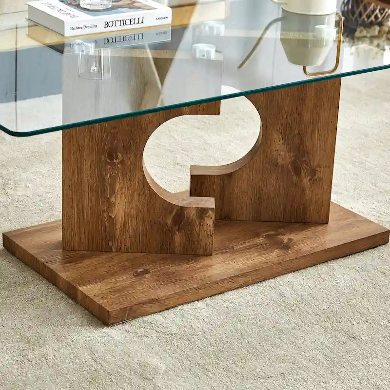 Rectangular Glass Top Coffee Table with Sculptural Wood Base