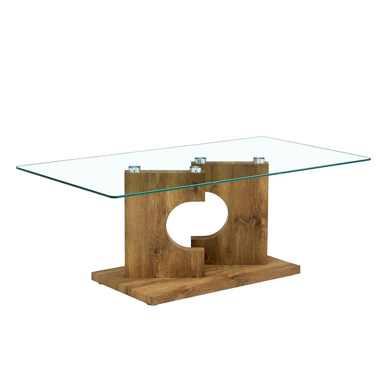 Rectangular Glass Top Coffee Table with Sculptural Wood Base