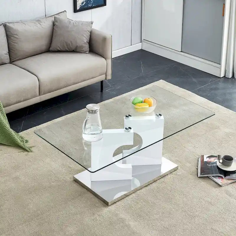 Rectangular Glass Top Coffee Table with Sculptural Wood Base