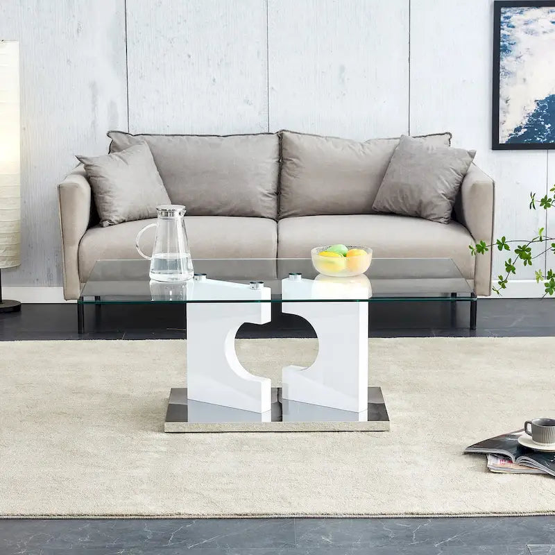 Rectangular Glass Top Coffee Table with Sculptural Wood Base