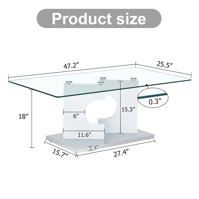 Rectangular Glass Top Coffee Table with Sculptural Wood Base