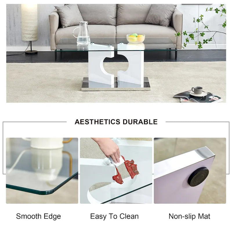 Rectangular Glass Top Coffee Table with Sculptural Wood Base