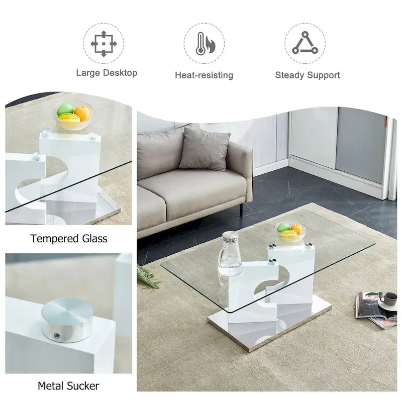Rectangular Glass Top Coffee Table with Sculptural Wood Base