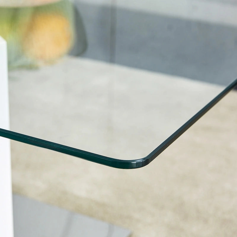 Rectangular Glass Top Coffee Table with Sculptural Wood Base