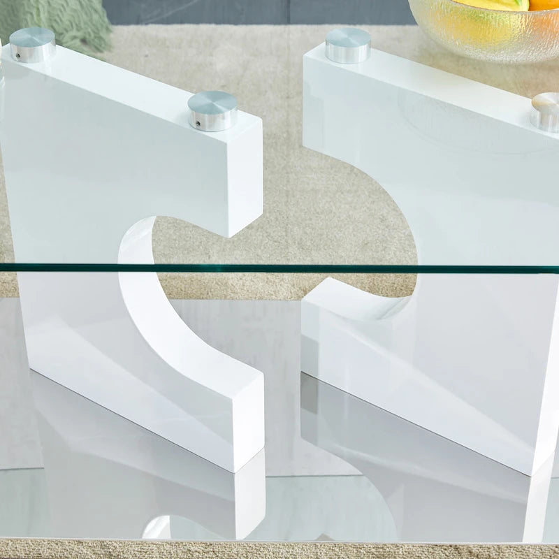 Rectangular Glass Top Coffee Table with Sculptural Wood Base