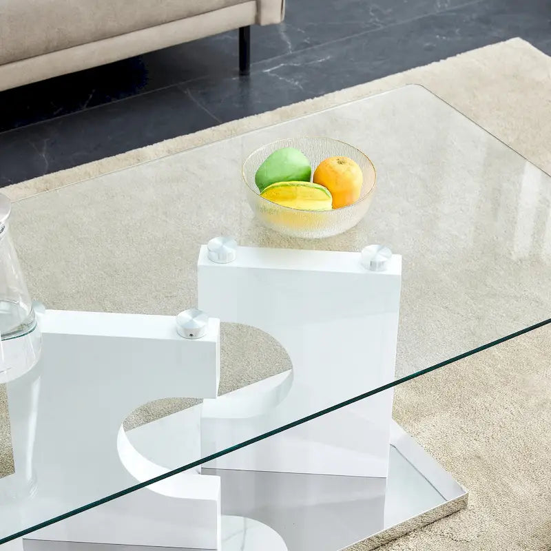 Rectangular Glass Top Coffee Table with Sculptural Wood Base