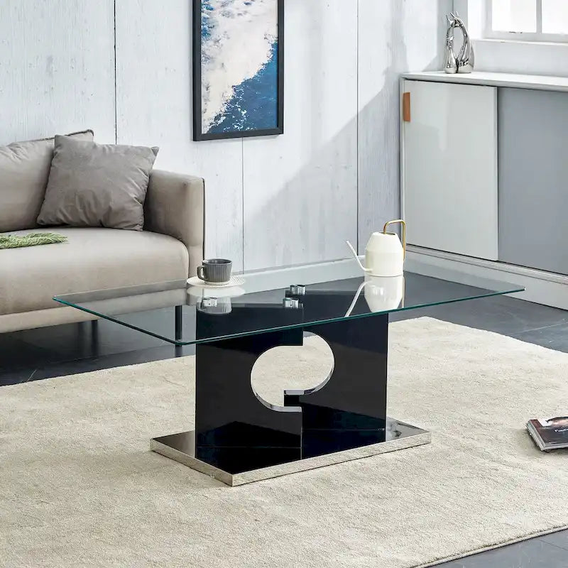 Rectangular Glass Top Coffee Table with Sculptural Wood Base