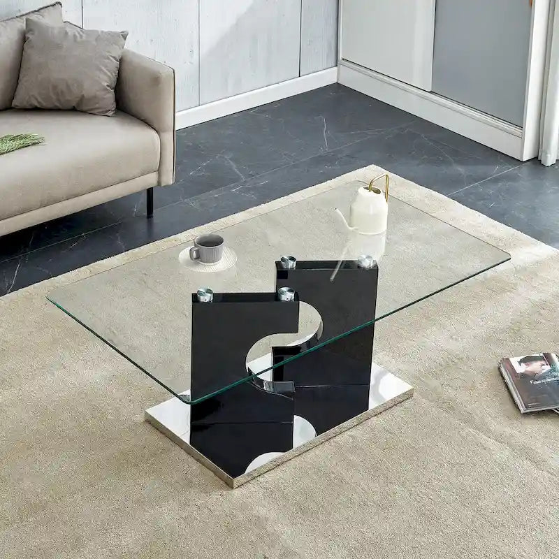 Rectangular Glass Top Coffee Table with Sculptural Wood Base