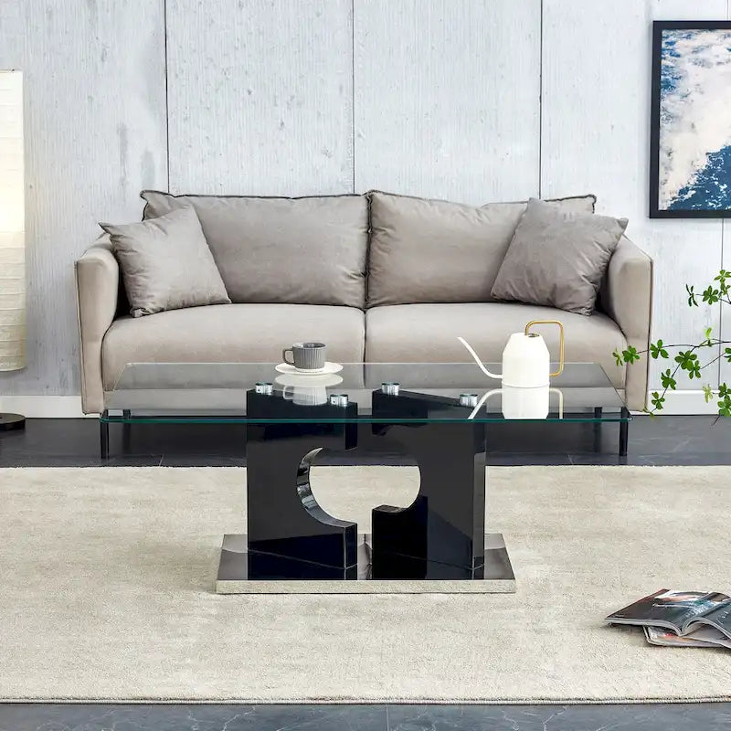 Rectangular Glass Top Coffee Table with Sculptural Wood Base