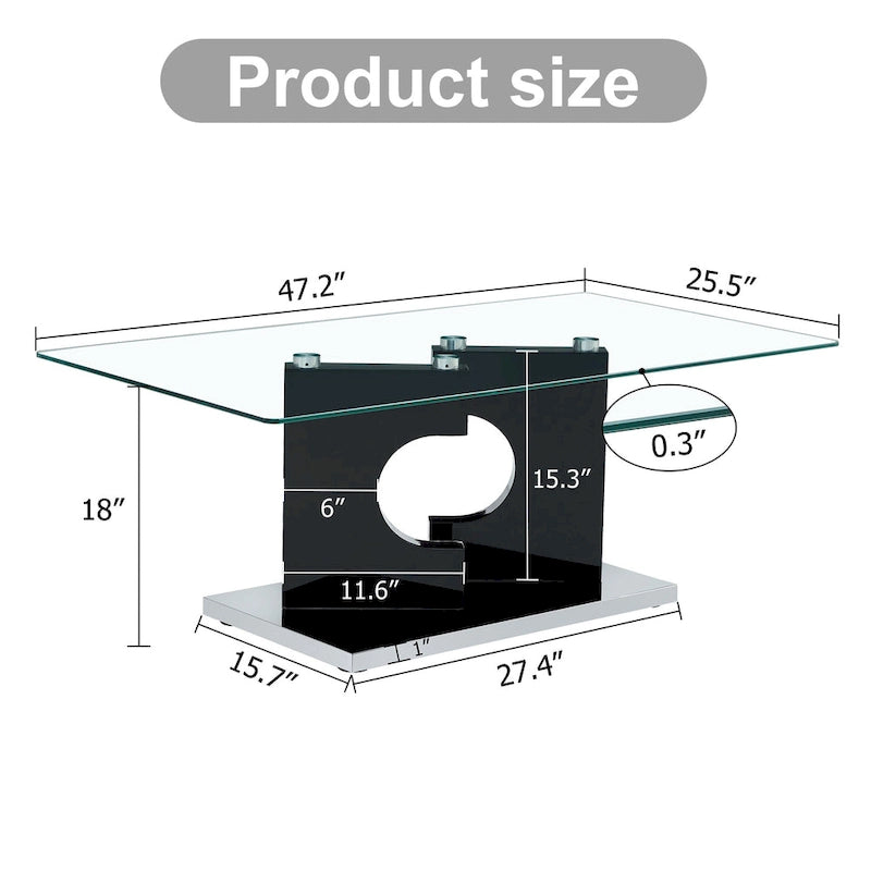 Rectangular Glass Top Coffee Table with Sculptural Wood Base