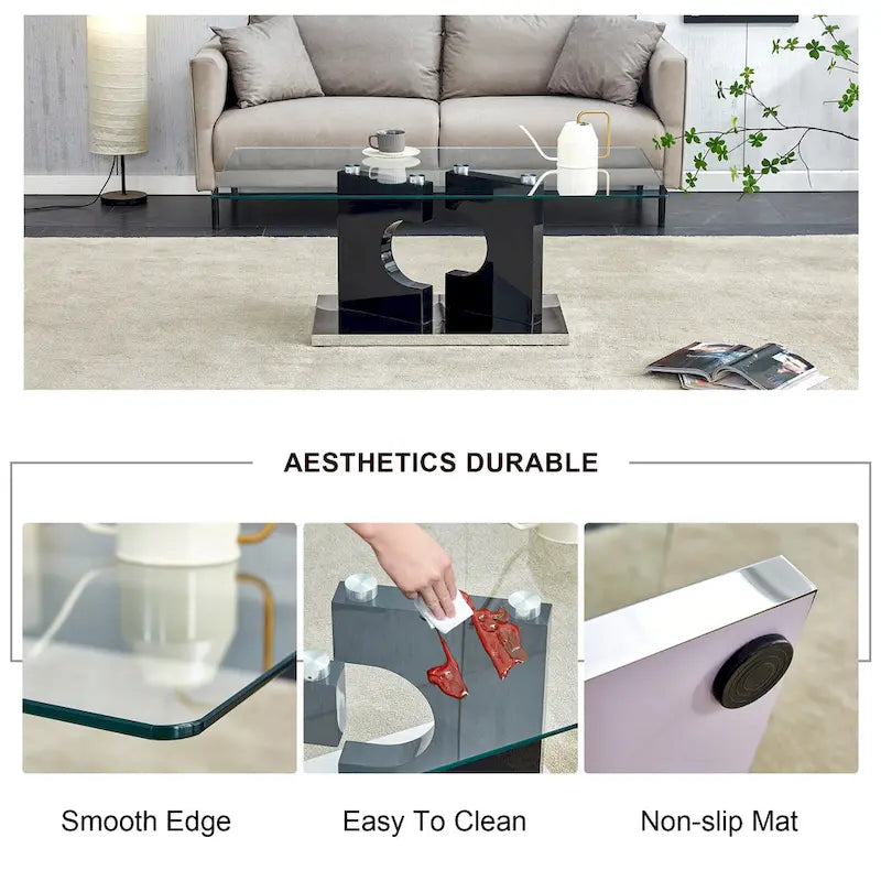 Rectangular Glass Top Coffee Table with Sculptural Wood Base