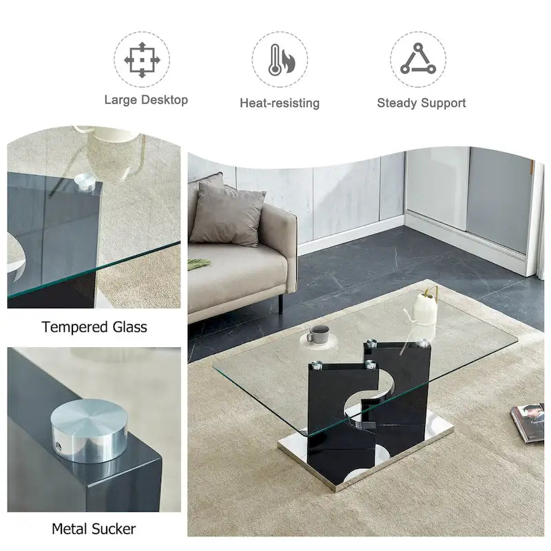 Rectangular Glass Top Coffee Table with Sculptural Wood Base