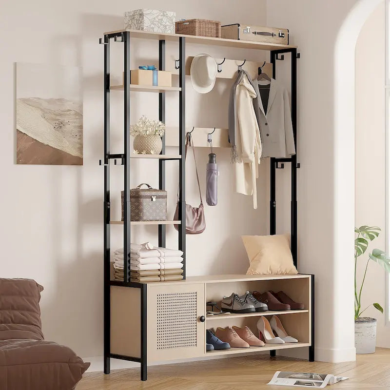 Entryway Hall Tree with Bench Coat Rack Shoe Storage Hooks Shelves Beige