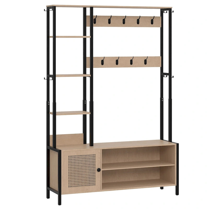 Entryway Hall Tree with Bench Coat Rack Shoe Storage Hooks Shelves Beige