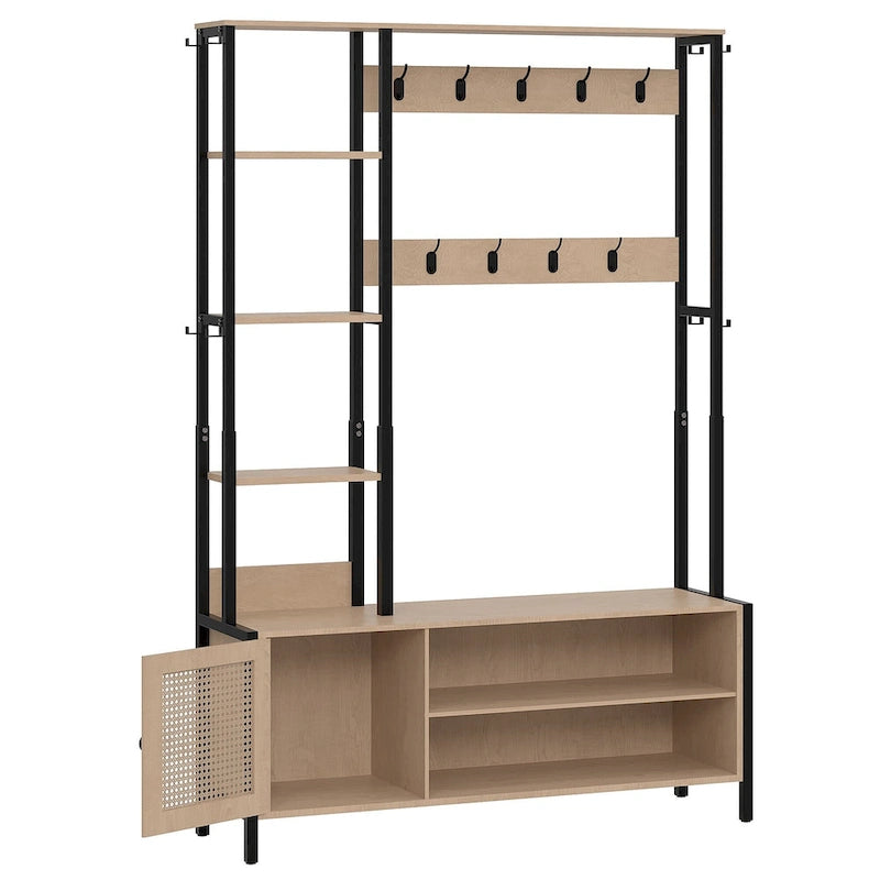 Entryway Hall Tree with Bench Coat Rack Shoe Storage Hooks Shelves Beige