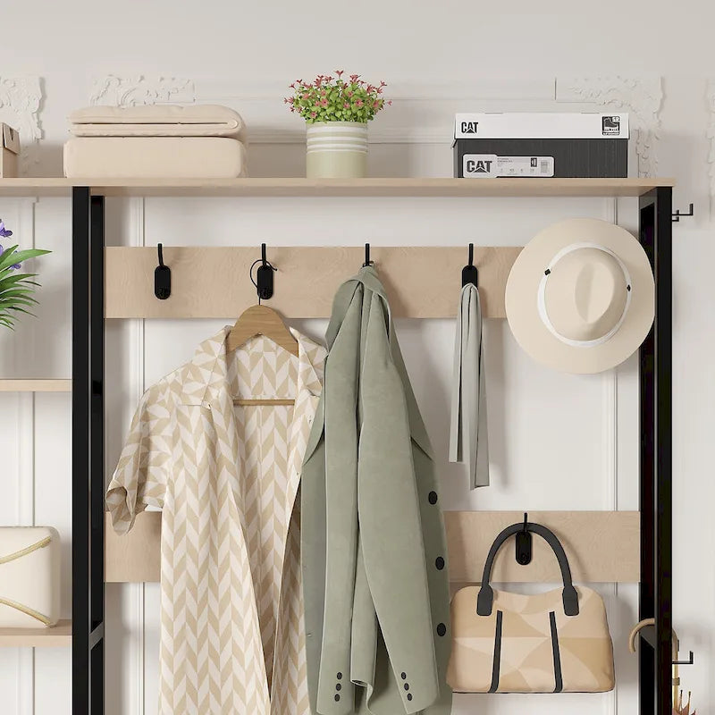 Entryway Hall Tree with Bench Coat Rack Shoe Storage Hooks Shelves Beige