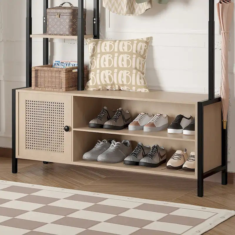 Entryway Hall Tree with Bench Coat Rack Shoe Storage Hooks Shelves Beige