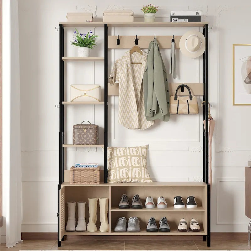 Entryway Hall Tree with Bench Coat Rack Shoe Storage Hooks Shelves Beige