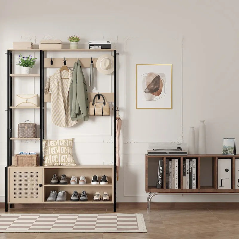Entryway Hall Tree with Bench Coat Rack Shoe Storage Hooks Shelves Beige