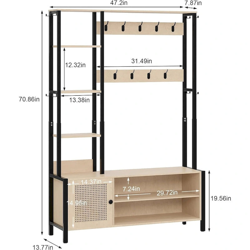 Entryway Hall Tree with Bench Coat Rack Shoe Storage Hooks Shelves Beige