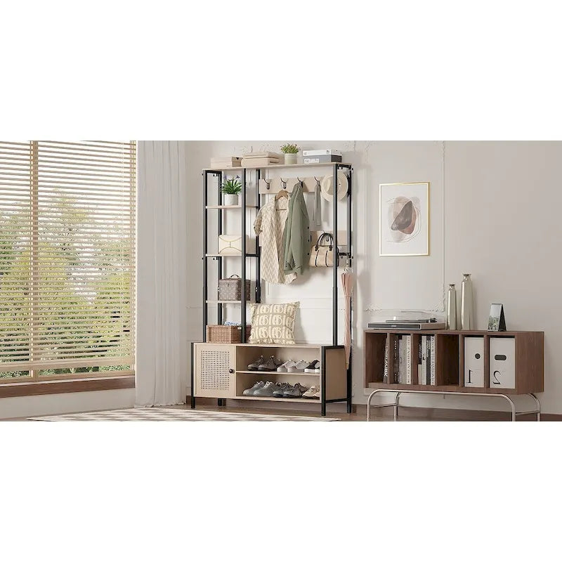 Entryway Hall Tree with Bench Coat Rack Shoe Storage Hooks Shelves Beige