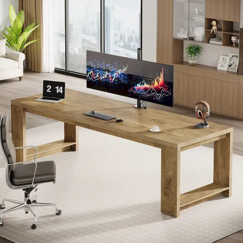 Extra Long Natural Oak Wood Computer Desk for Home Office Workstation