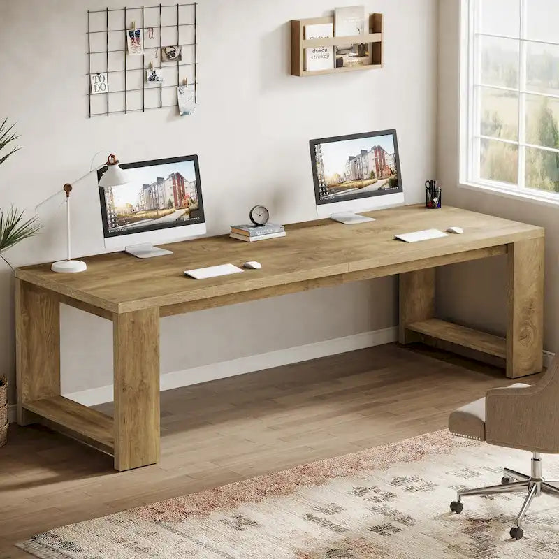 Extra Long Natural Oak Wood Computer Desk for Home Office Workstation
