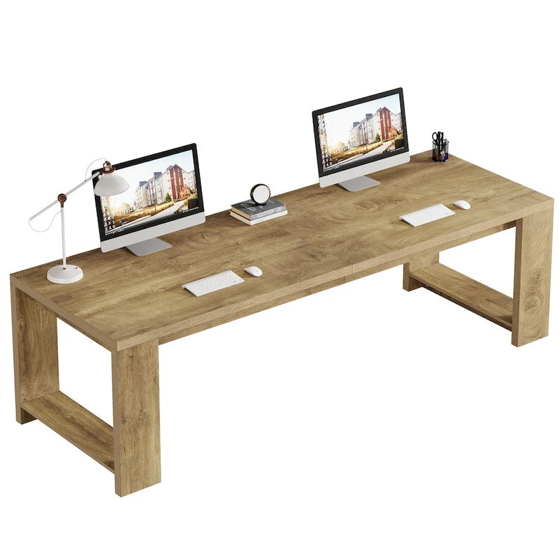 Scrivania extra lunga in legno di rovere naturale per computer, per ufficio domestico e postazione di lavoro