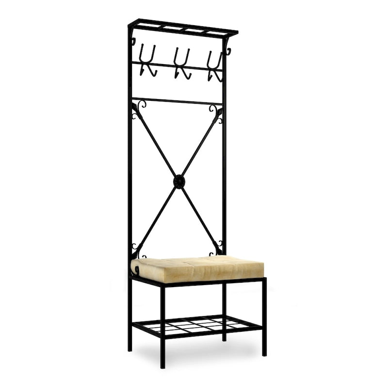 Black Metal Entryway Coat Rack Bench with Hooks and Cushioned Seat