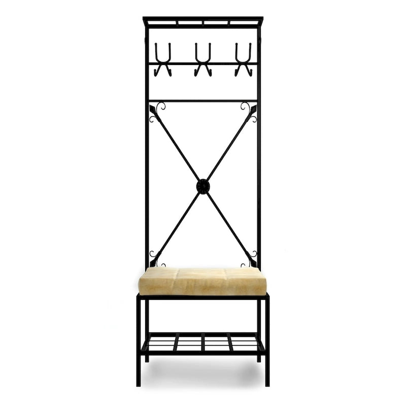 Black Metal Entryway Coat Rack Bench with Hooks and Cushioned Seat
