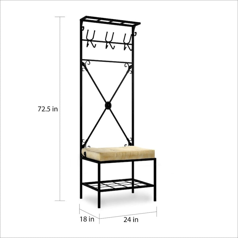 Black Metal Entryway Coat Rack Bench with Hooks and Cushioned Seat