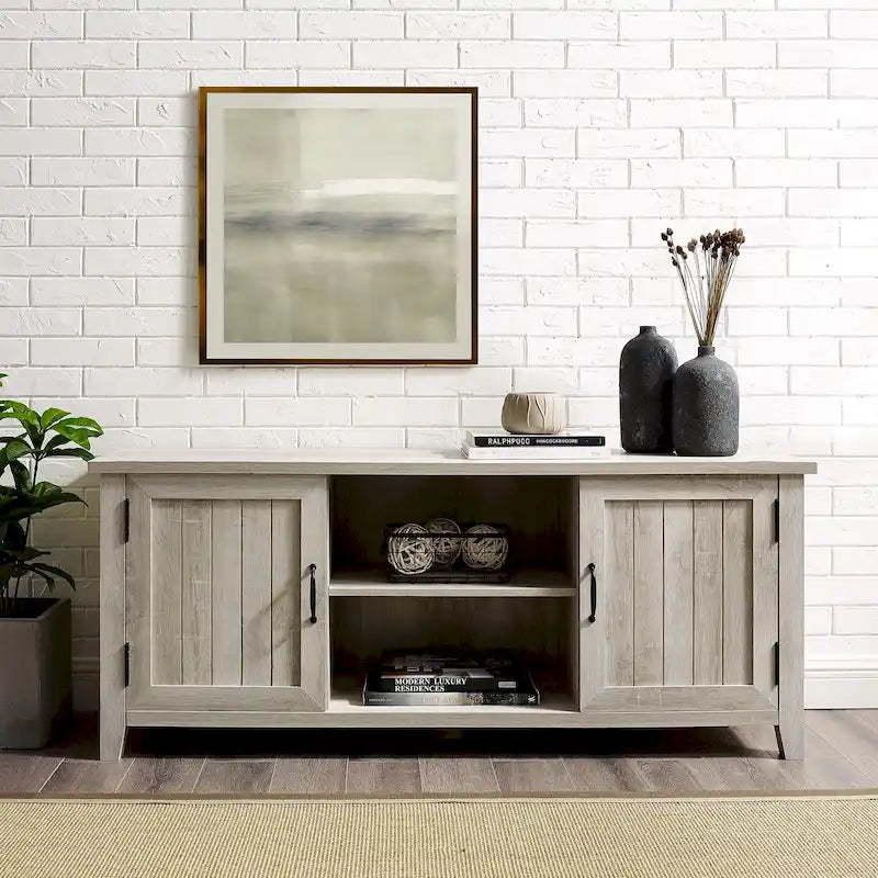 58-Inch Groove Door TV Stand with Open Shelves and Wire Management
