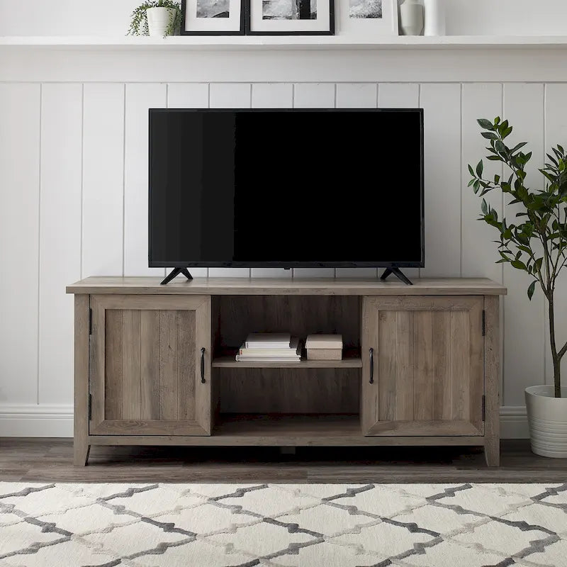 58-Inch Groove Door TV Stand with Open Shelves and Wire Management