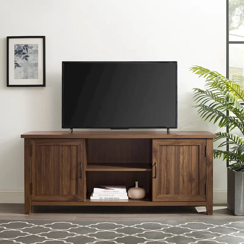 58-Inch Groove Door TV Stand with Open Shelves and Wire Management