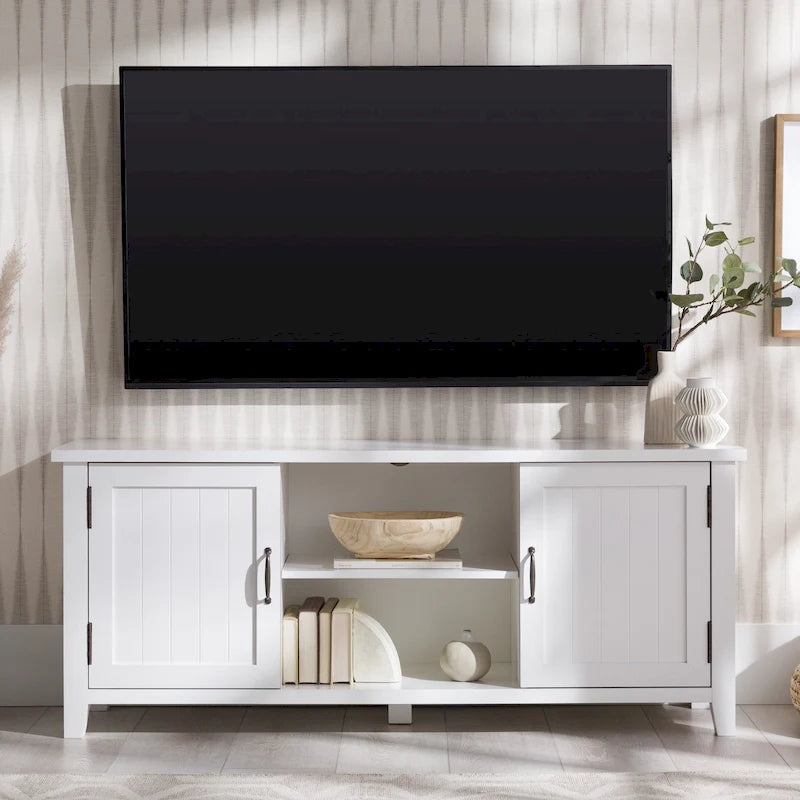 58-Inch Groove Door TV Stand with Open Shelves and Wire Management
