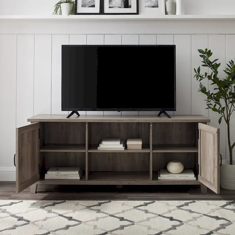 58-Inch Groove Door TV Stand with Open Shelves and Wire Management